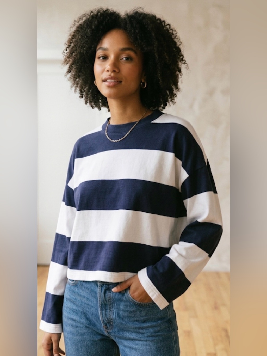 Madewell Bold Stripe Cropped Bell Sleeve Cowl Neck 100% Cotton Top